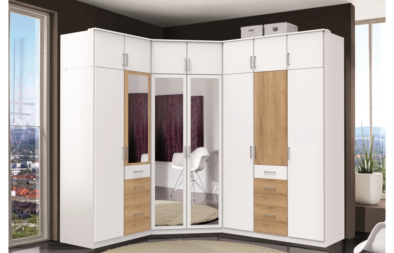 Šatní skříň se zrcadlem Click, 91 cm, bílá/prkenný dub 7
