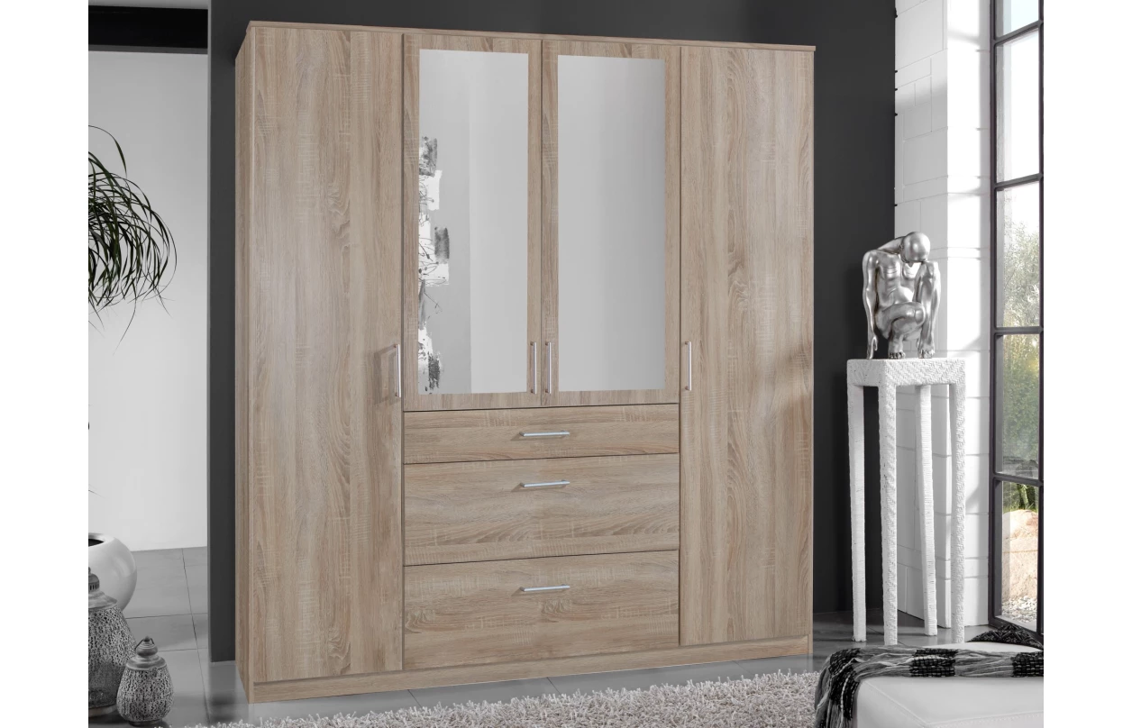 Šatní skříň se zrcadlem Click, 91 cm, bílá/prkenný dub 14