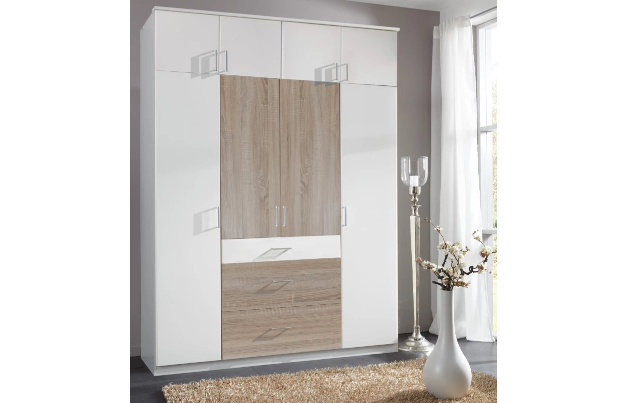 Šatní skříň se zrcadlem Click, 91 cm, bílá/prkenný dub 38