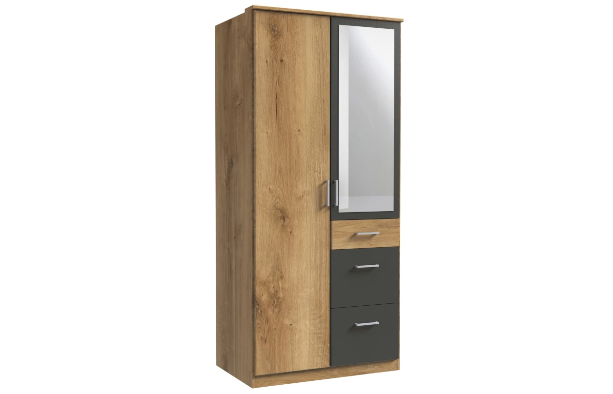 Šatní skříň se zrcadlem Click, 91 cm, bílá/prkenný dub 45
