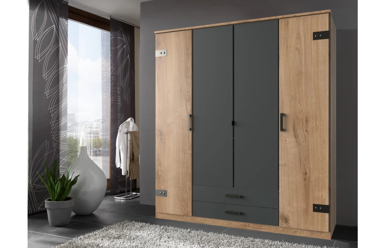 Šatní skříň se zrcadly Cork, 180 cm, prkenný dub/grafit 4