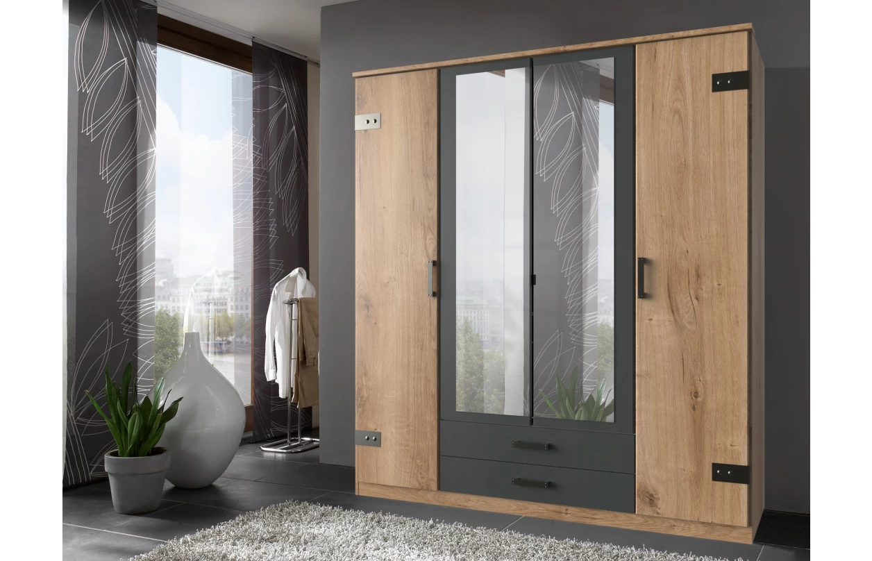 Šatní skříň se zásuvkami Cork, 135 cm, prkenný dub/grafit 2