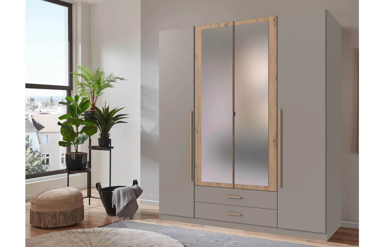 Šatní skříň se zrcadlem Marburg, 135 cm, šedá sahara/dub artisan 3