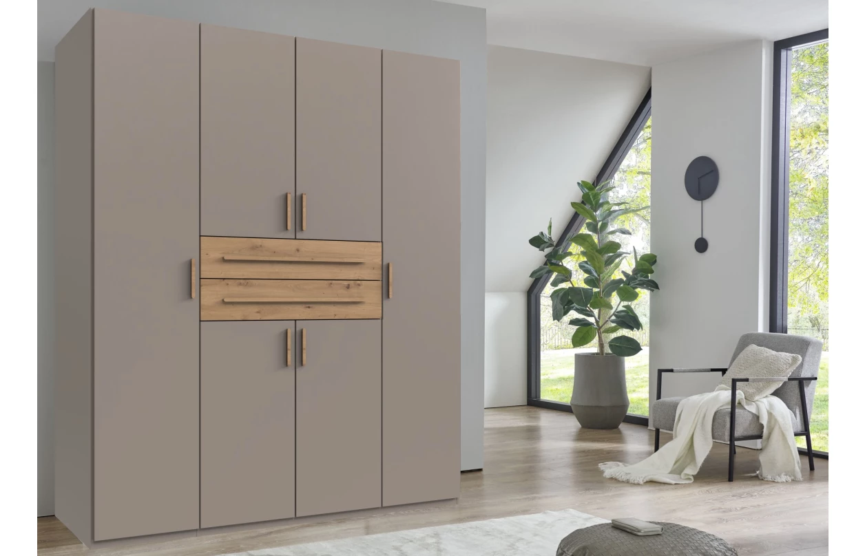 Šatní skříň se zásuvkami Digit, 225 cm, béžová kašmír/dub artisan 1