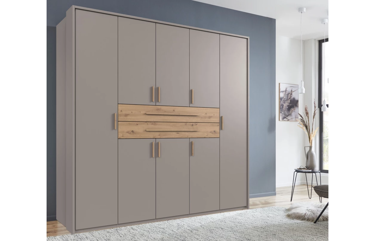 Šatní skříň se zásuvkami Digit, 225 cm, béžová kašmír/dub artisan 9