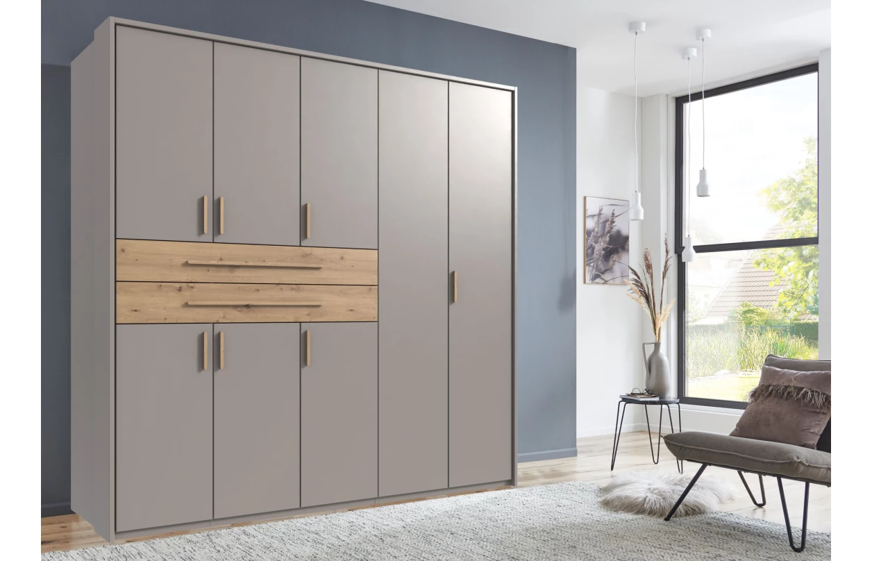 Šatní skříň se zásuvkami Digit, 225 cm, béžová kašmír/dub artisan 13