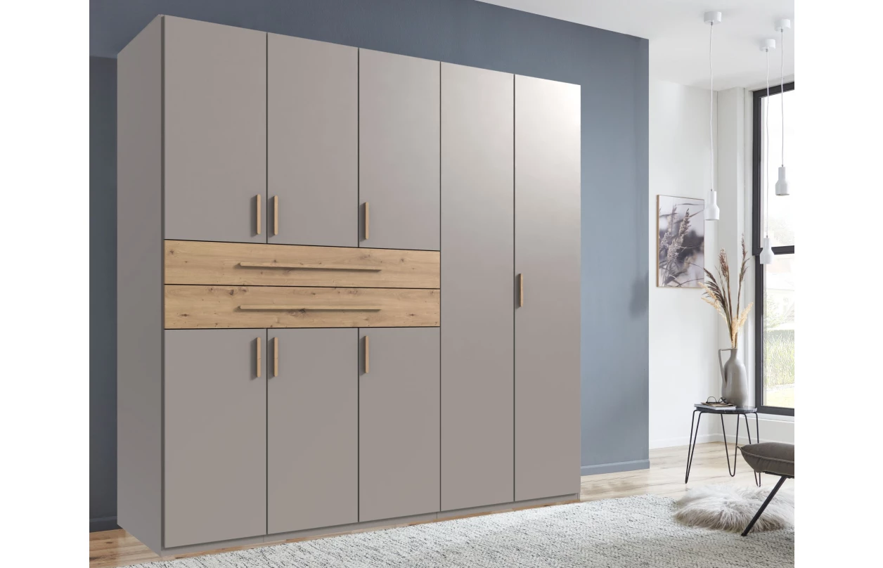Šatní skříň se zásuvkami Digit, 225 cm, béžová kašmír/dub artisan 14