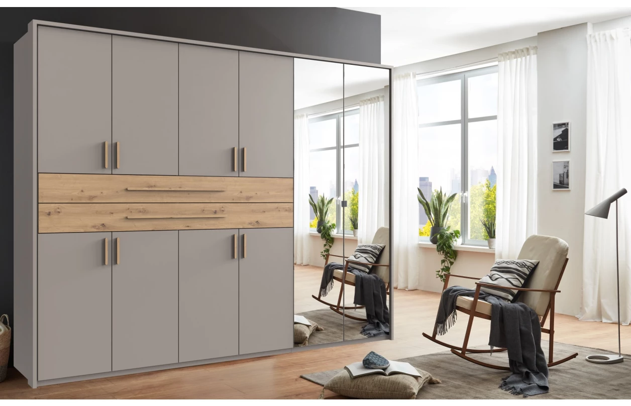 Šatní skříň se zásuvkami Digit, 225 cm, béžová kašmír/dub artisan 19