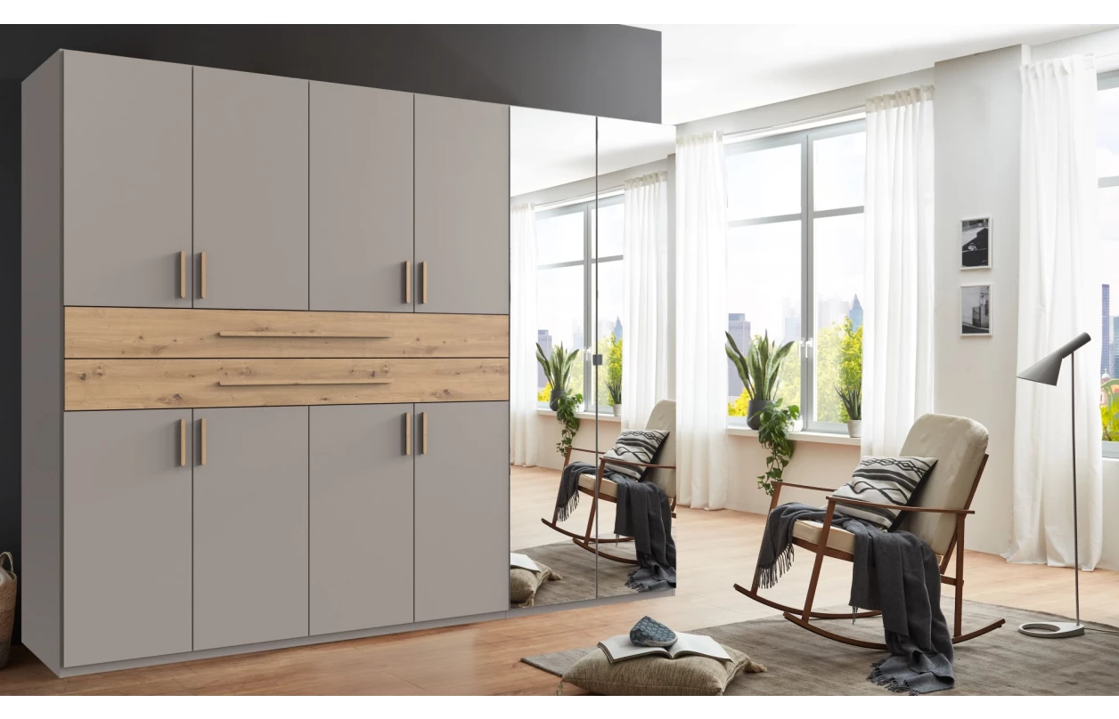Šatní skříň se zásuvkami Digit, 225 cm, béžová kašmír/dub artisan 20