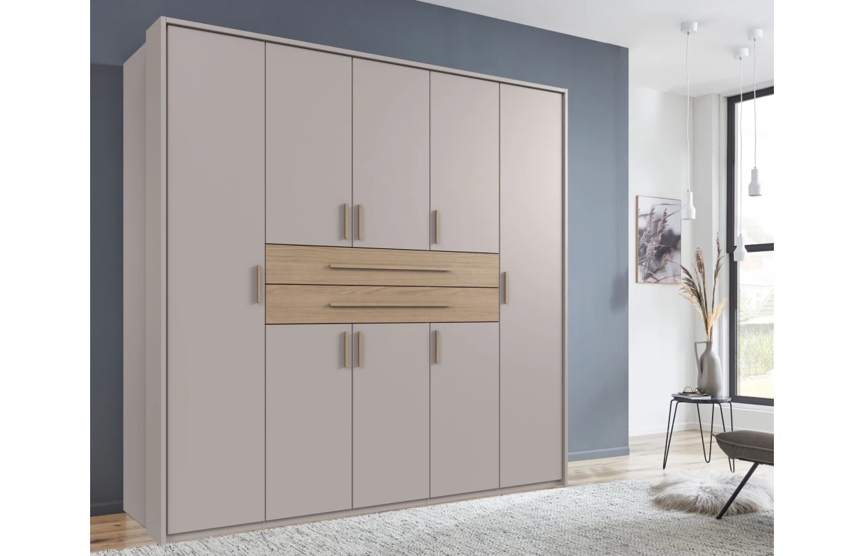 Šatní skříň se zásuvkami Digit, 225 cm, béžová kašmír/dub artisan 44
