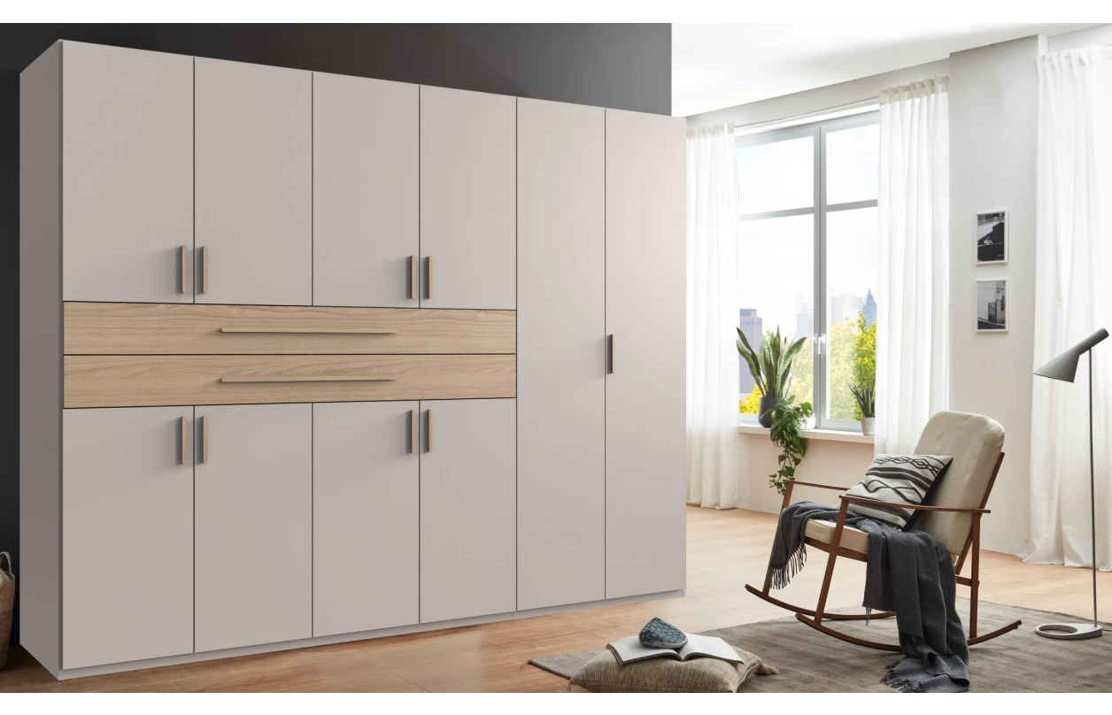 Šatní skříň se zásuvkami Digit, 225 cm, béžová kašmír/dub artisan 50