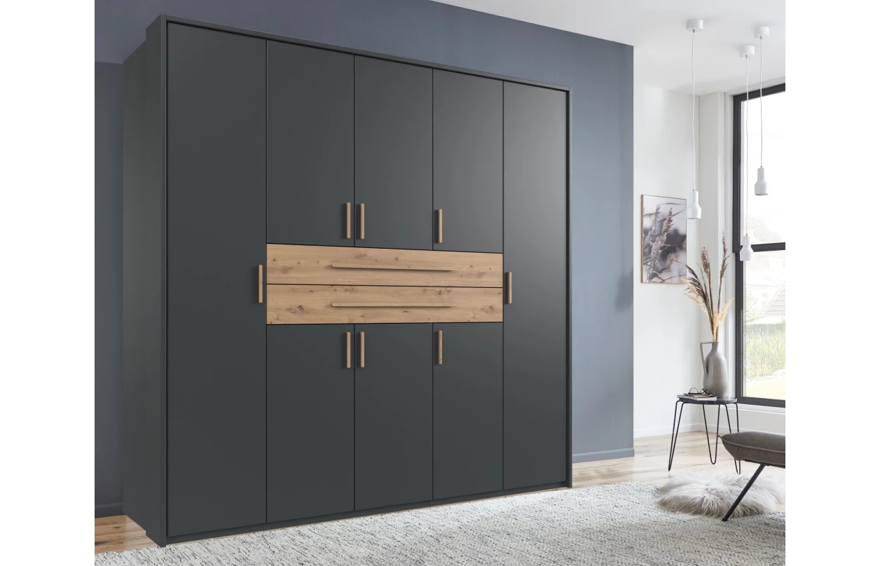 Šatní skříň se zásuvkami Digit, 225 cm, béžová kašmír/dub artisan 100