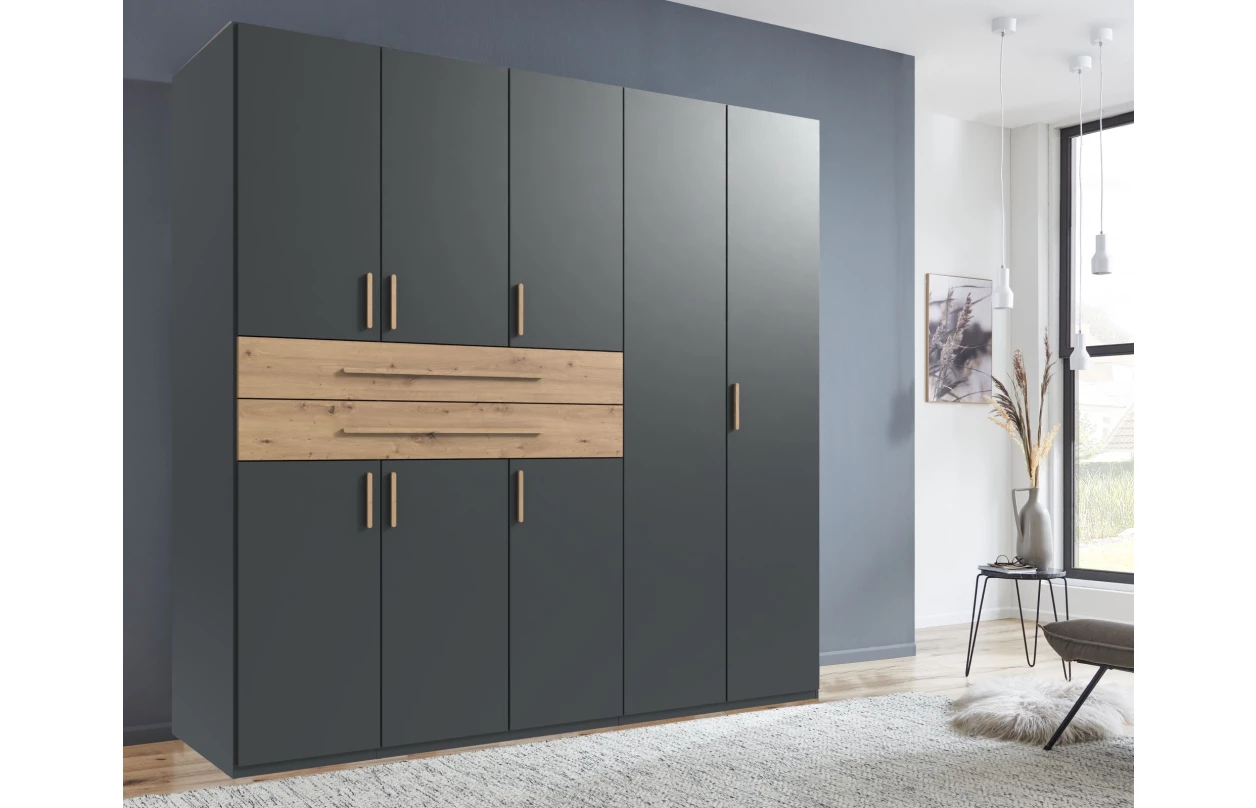 Šatní skříň se zásuvkami Digit, 225 cm, béžová kašmír/dub artisan 98