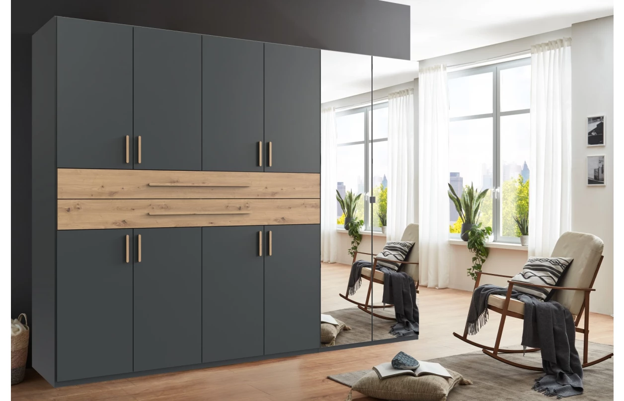 Šatní skříň se zásuvkami Digit, 225 cm, béžová kašmír/dub artisan 105