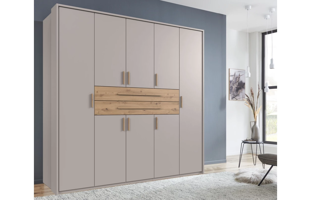 Šatní skříň se zásuvkami Digit, 225 cm, béžová kašmír/dub artisan 111