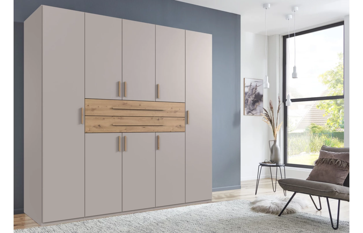 Šatní skříň se zásuvkami Digit, 225 cm, béžová kašmír/dub artisan 112