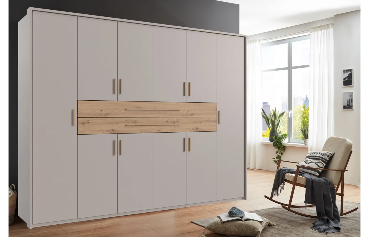 Šatní skříň se zásuvkami Digit, 225 cm, béžová kašmír/dub artisan 113