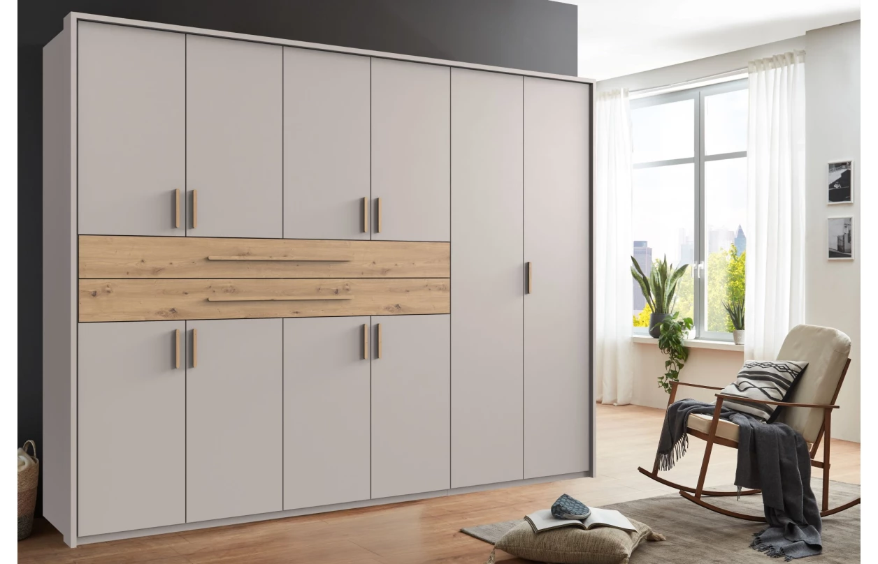 Šatní skříň se zásuvkami Digit, 225 cm, béžová kašmír/dub artisan 117