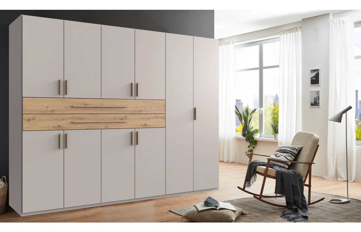 Šatní skříň se zásuvkami Digit, 225 cm, béžová kašmír/dub artisan 118