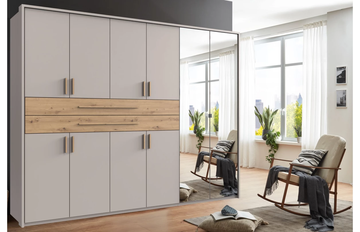 Šatní skříň se zásuvkami Digit, 225 cm, béžová kašmír/dub artisan 121