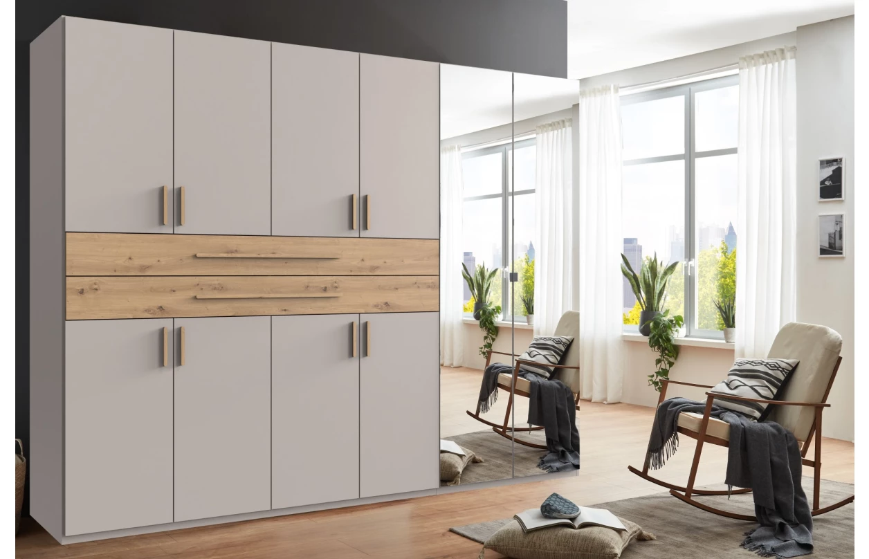 Šatní skříň se zásuvkami Digit, 225 cm, béžová kašmír/dub artisan 122
