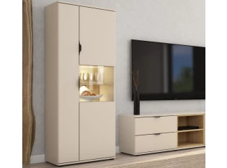 Vysoká skříňka s prosklením Avola, béžová kašmír/dub cremona