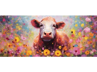 Obraz na plátně Kráva v květech 140x60 cm, efekt olejomalby